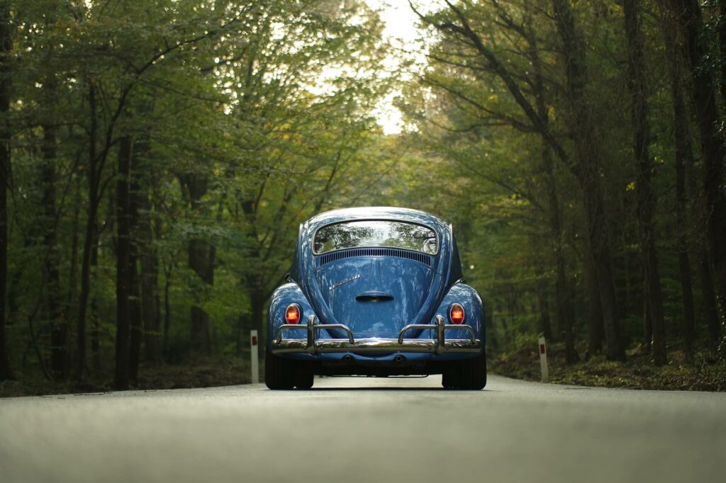 As costas de um carro azul enquanto ele dirige em uma estrada rodeada por florestas ilustrando como comprar bateria de carro