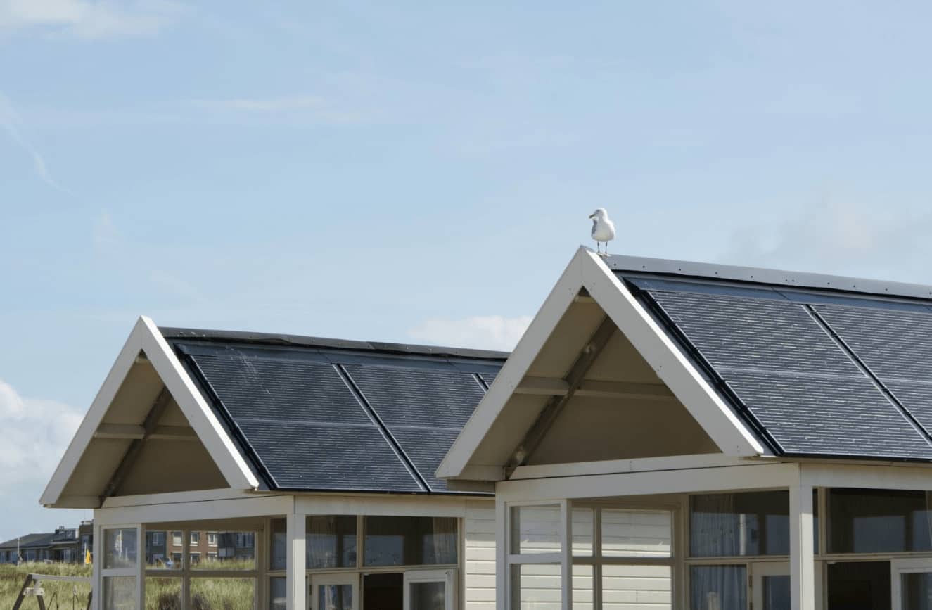 Telhados de casas equipadas com sistema fotovoltaico integrado, mostrando painéis solares instalados para otimização da captação de energia solar, sob céu parcialmente nublado, com uma gaivota pousada em um dos telhados.