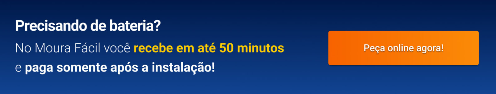 Banner promocional da Moura Fácil oferecendo entrega de baterias em até 50 minutos, com pagamento após a instalação. botão "Peça online agora!" em destaque.