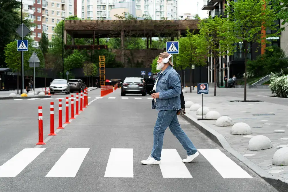 Homem atravessando a rua em uma faixa de pedestres, com sinalização e cones de segurança ao redor.