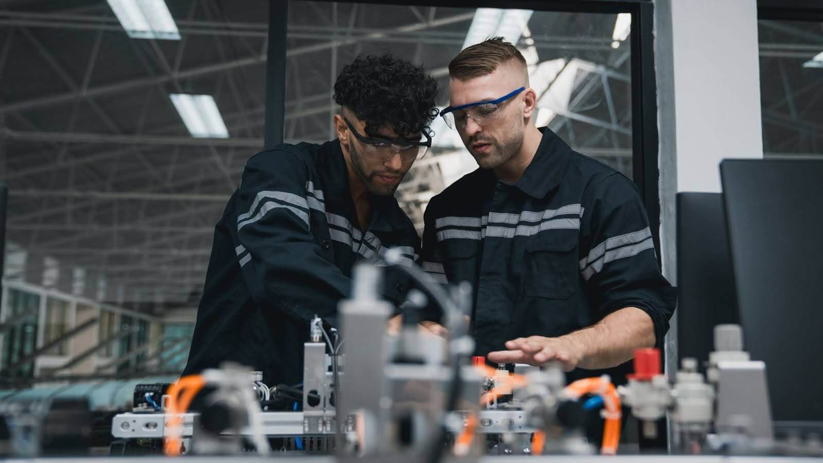 Dois homens manuseando equipamentos em um curso.