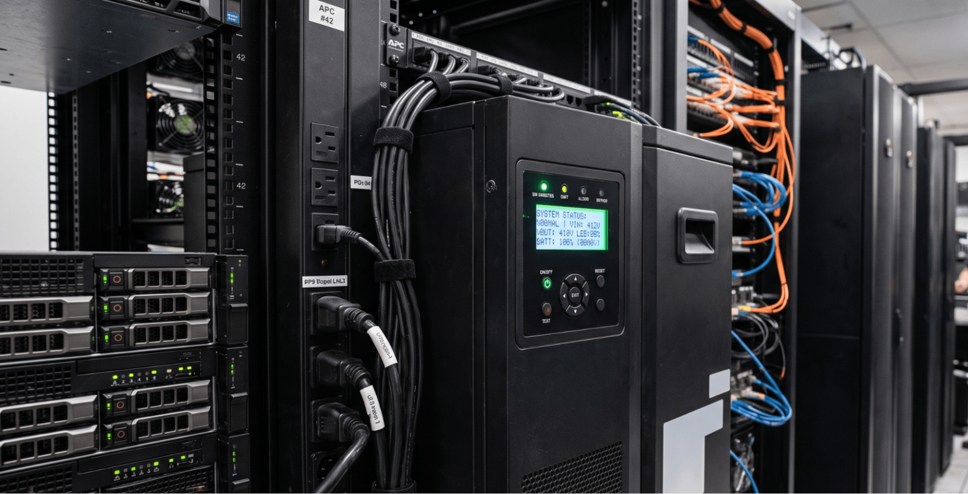 Nobreak (UPS) preto montado em um rack de servidor de um data center, exibindo 'SYSTEM STATUS: NORMAL' em um visor digital iluminado.