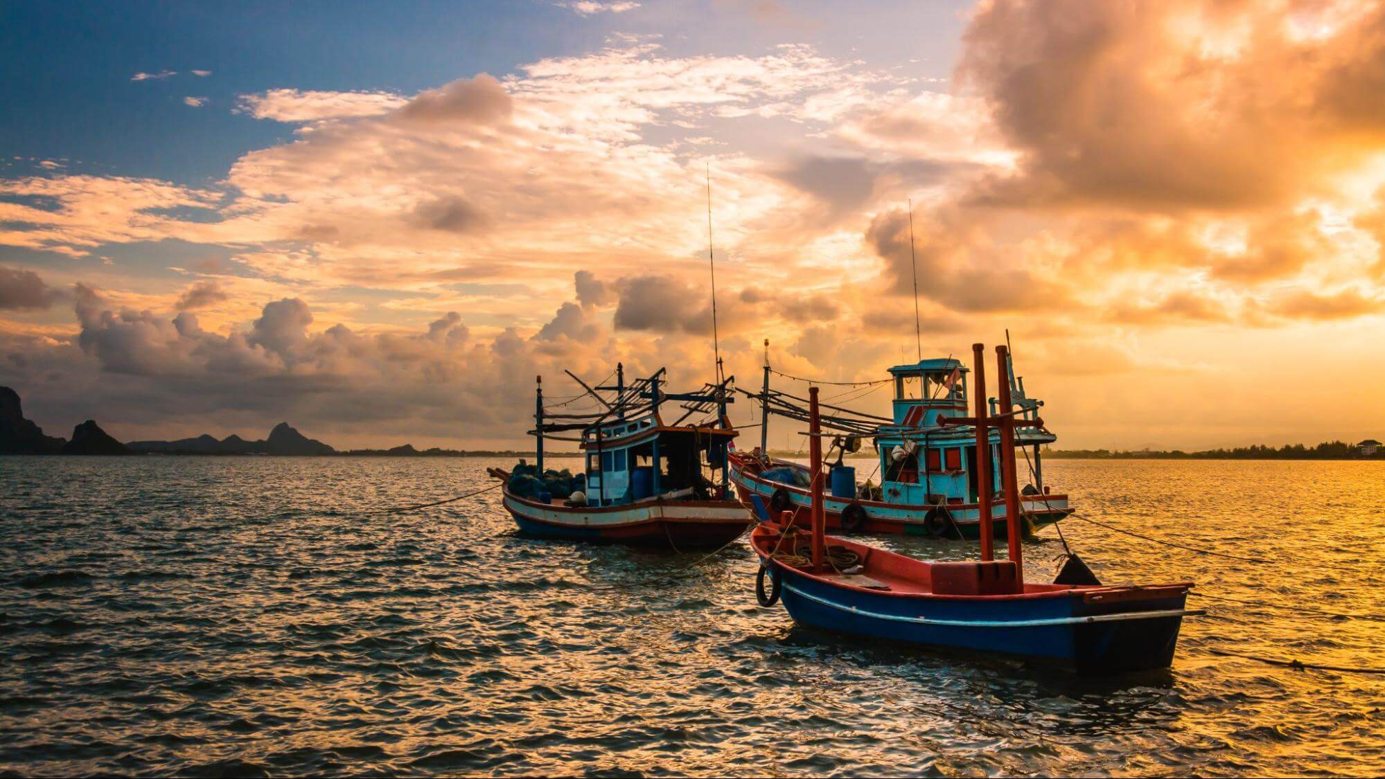 3 barcos de pesca em alto mar sob pôr-do-sol.