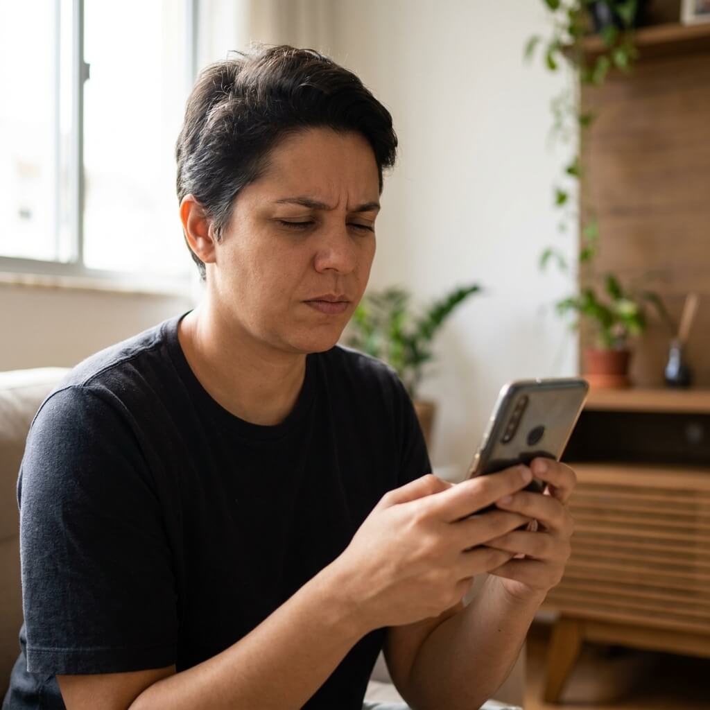 Pessoa encara o celular em suas mãos