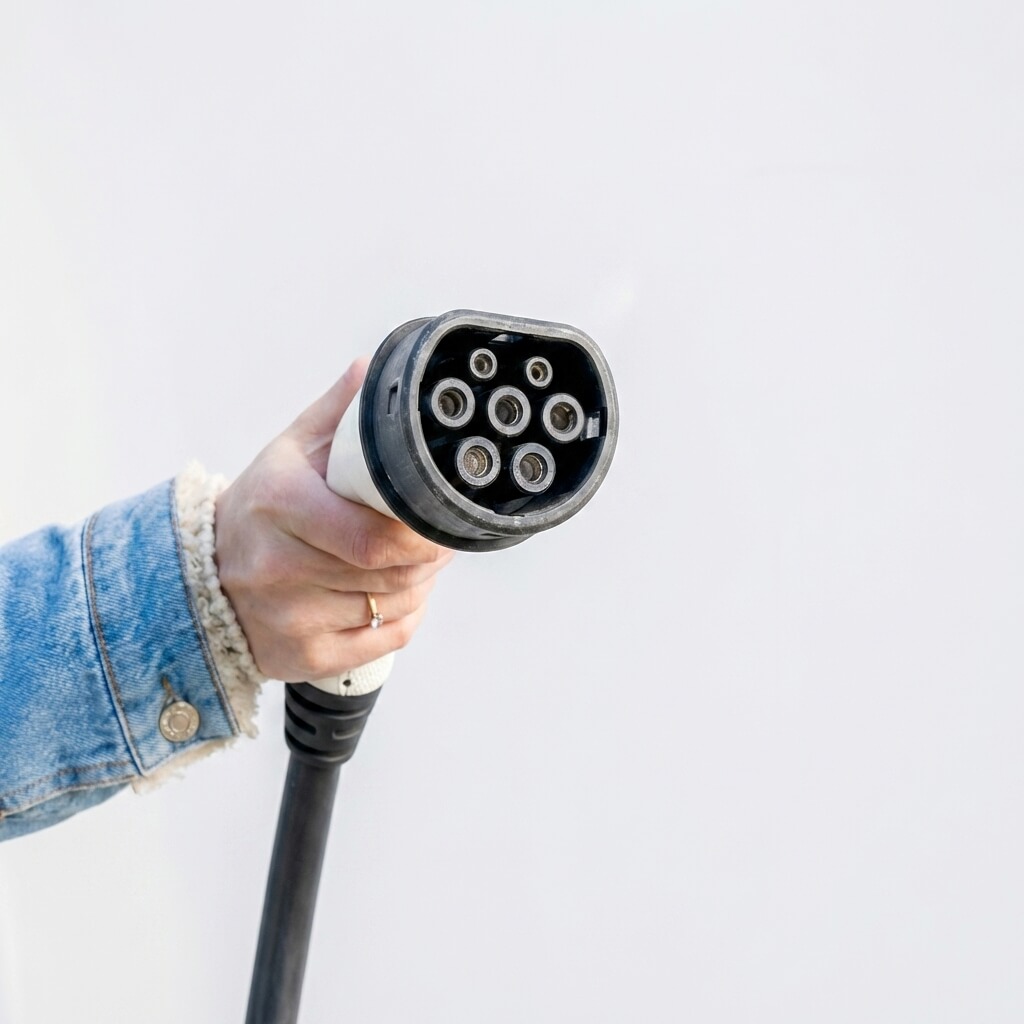 Mão segurando carregador para carro elétrico