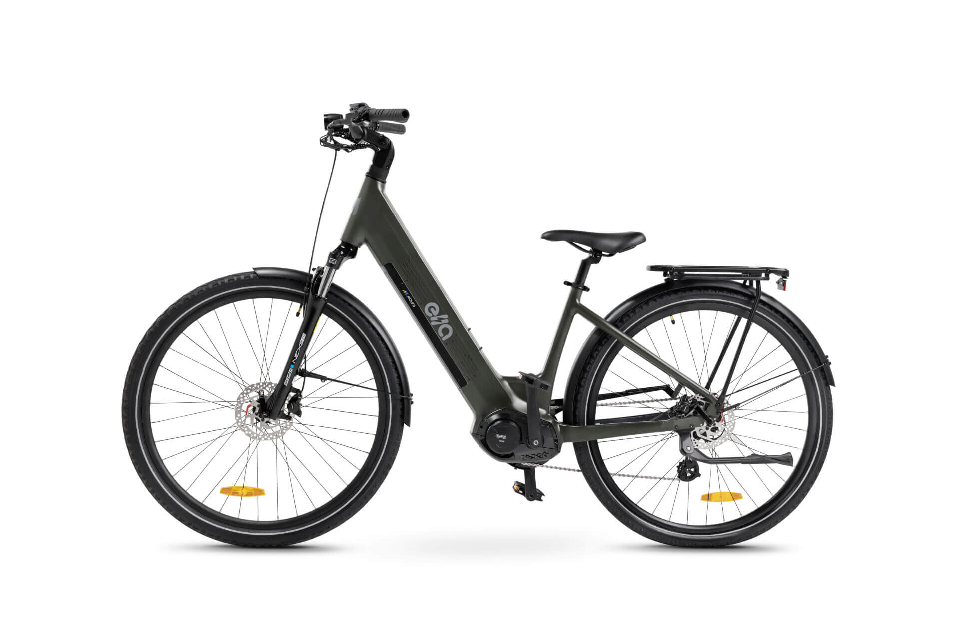 Bicicleta elétrica Ella Comfort, na cor chumbo em fundo branco