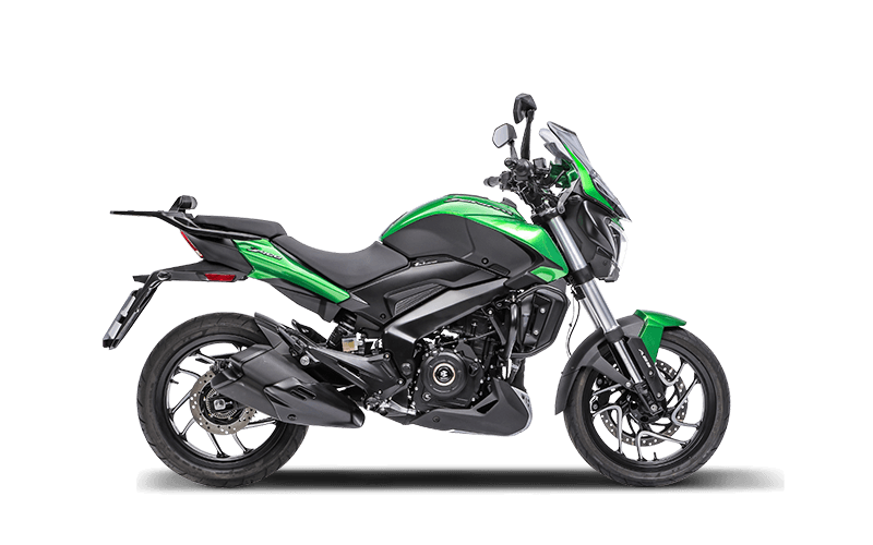 Moto Bajaj Dominar 400 em preto e verde.