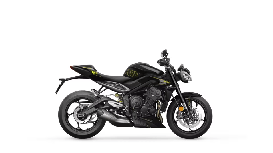 Moto Triumph Street Triple 765 preta com detalhes verdes.