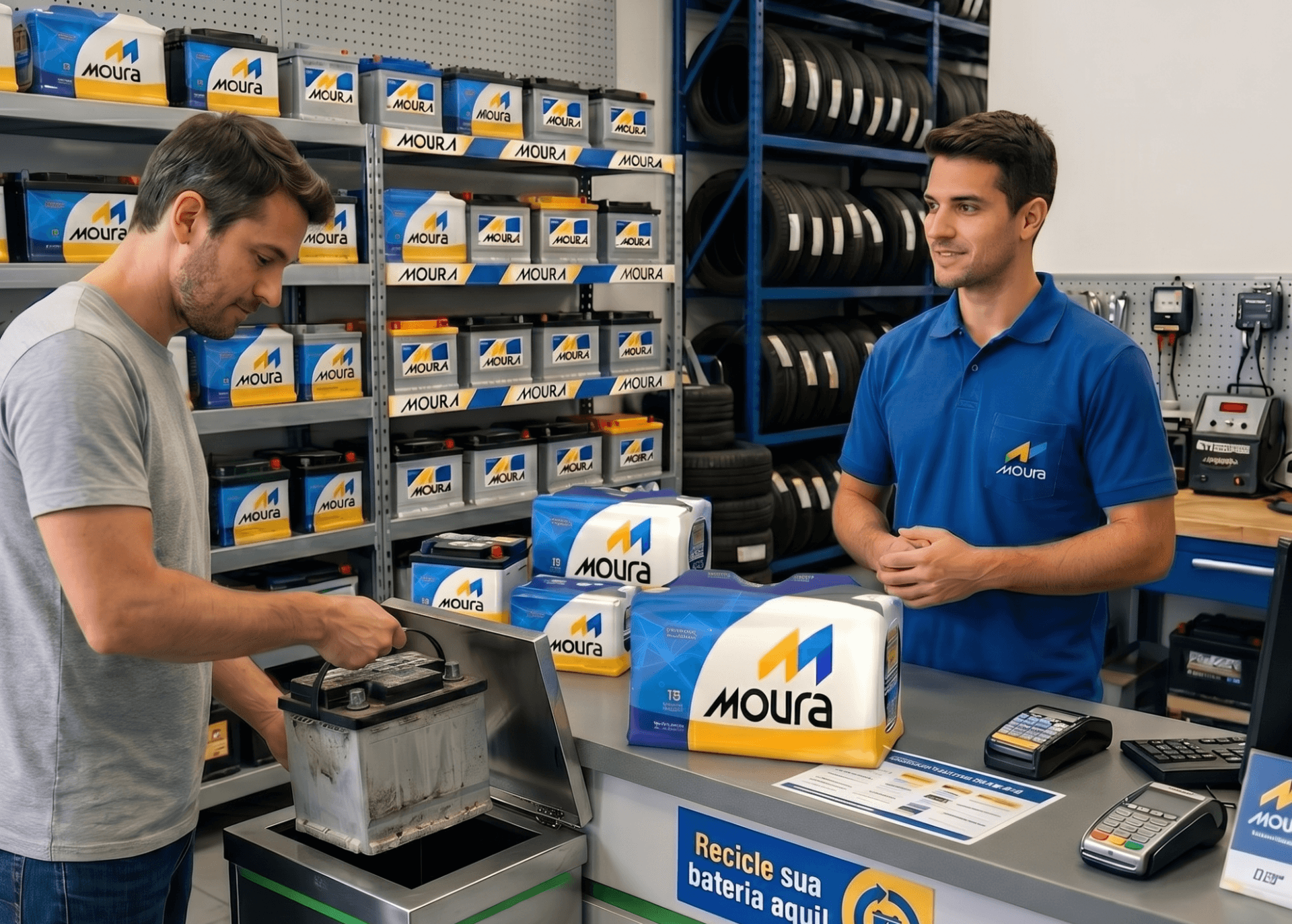 Cliente entregando uma bateria usada para reciclagem no balcão de uma loja de baterias Moura, atendido por um funcionário.