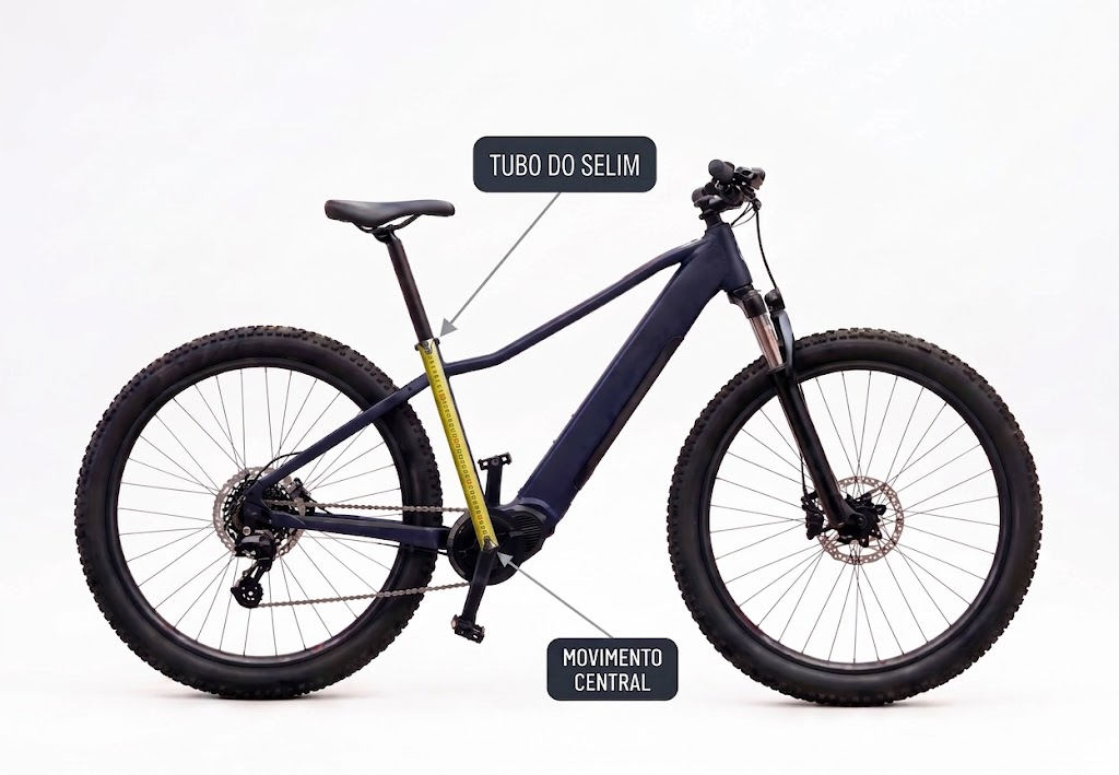 Bicicleta azul elétrica em fundo branco sinalizando o tubo do selim e o movimento central da bike com fita métrica medindo a distância entre eles