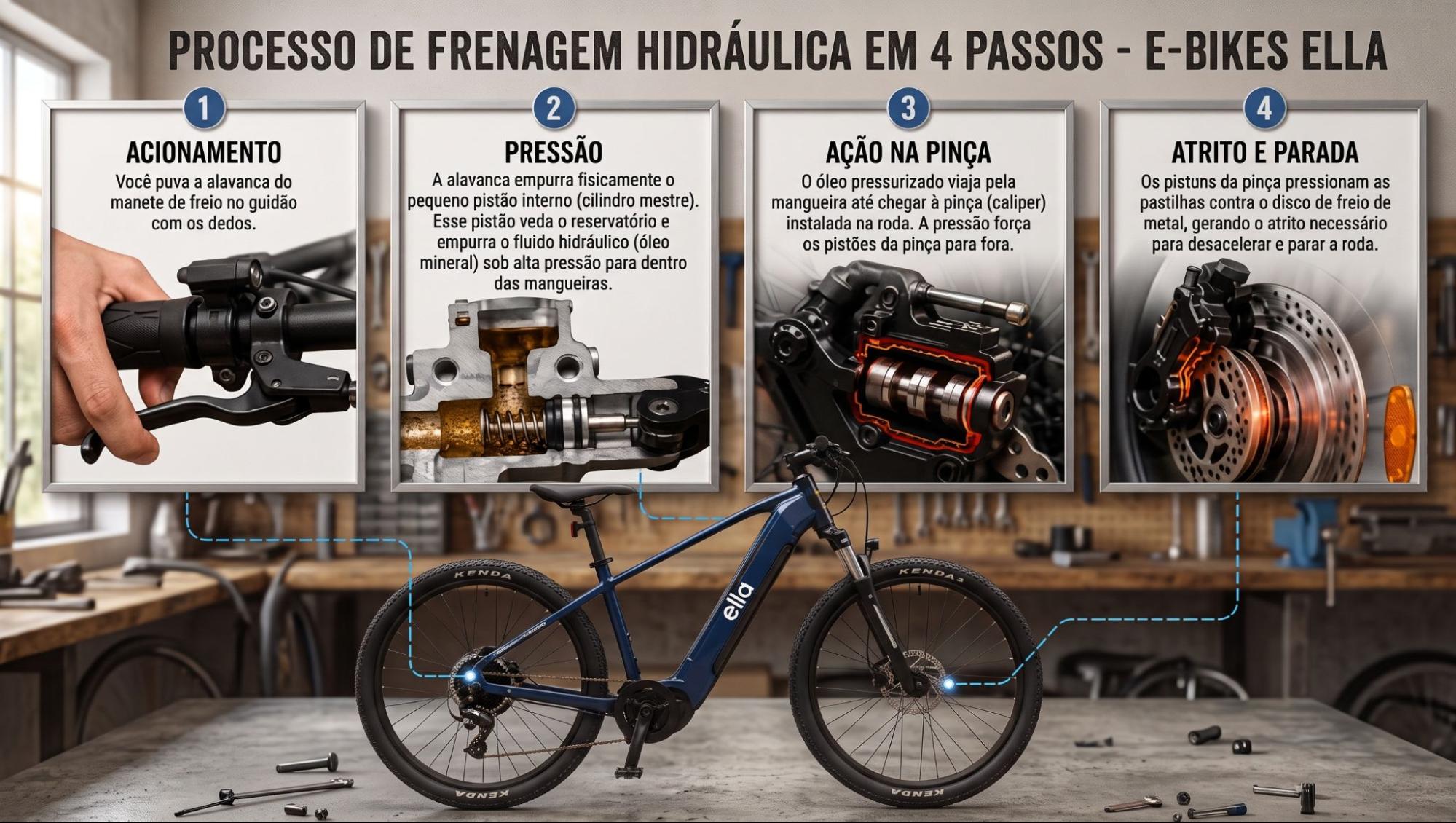 Infográfico mostra quatro etapas da frenagem hidráulica em e-bikes Ella: acionamento, pressão, ação na pinça e atrito no disco.  
