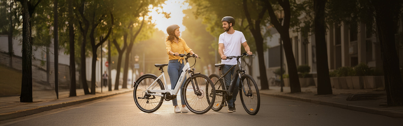Homem e mulher de capacete andando de bicicleta elétrica numa rua arborizada ao pôr do sol, olhando um para o outro a sorrir.