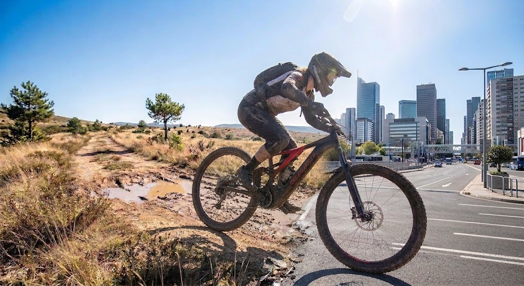 Ciclista com capacete integral pilotando uma mountain bike saindo de uma trilha de terra para uma avenida asfaltada.