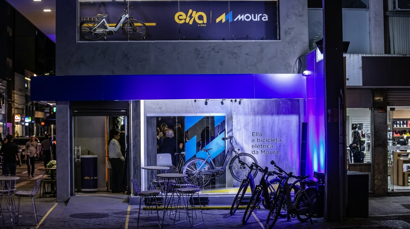 Fachada iluminada de uma loja Ella Moura à noite, com bicicletas elétricas expostas na vitrine e na calçada.