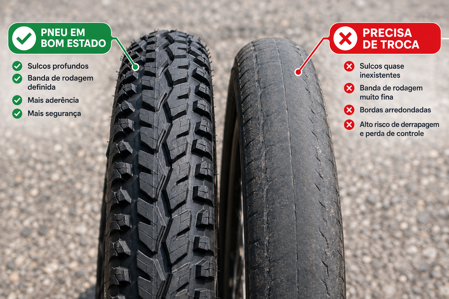 Comparativo entre dois pneus de bicicleta quando estão em bom estado ou precisando de troca. Para verificar pelo tato, um pneu que precisa de troca não apresentará os sulcos (divisórias de borracha) padrão no pneu e as bordas estarão arredondadas. 