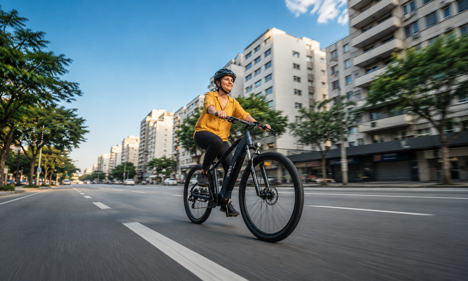 Mulher circulando com Ella Explorer com câmbio shimano 8 velocidades