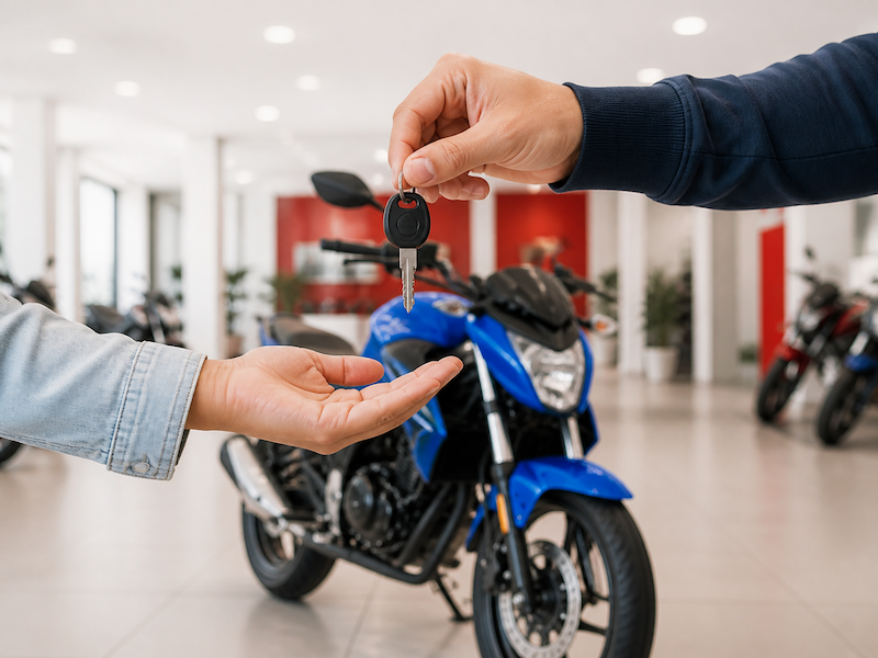 Pessoa entregando a chave para outra na loja, com uma moto azul ao fundo. 