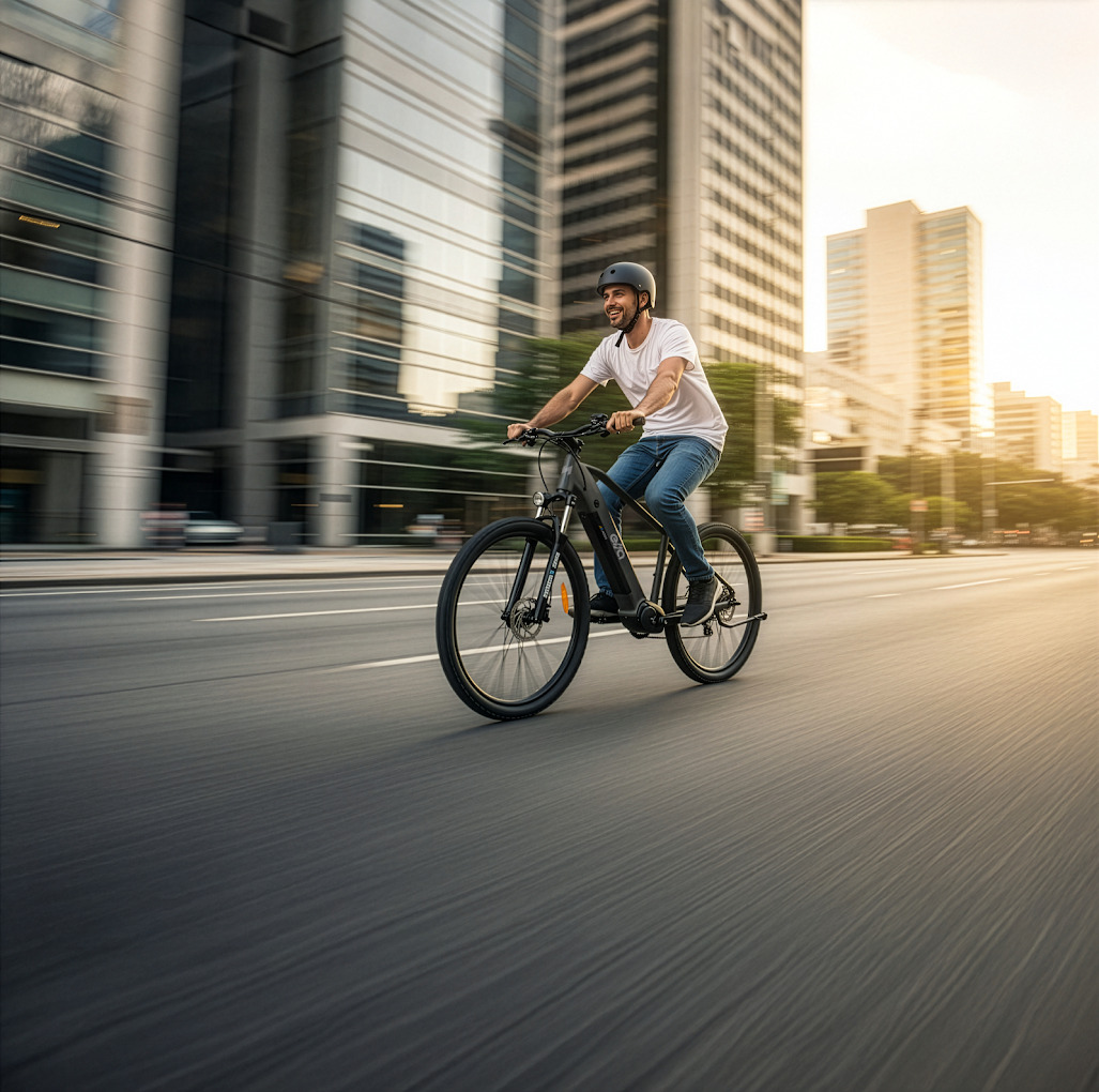 Homem acelerando a bicicleta aro 29 elétrica Explorer pela cidade 