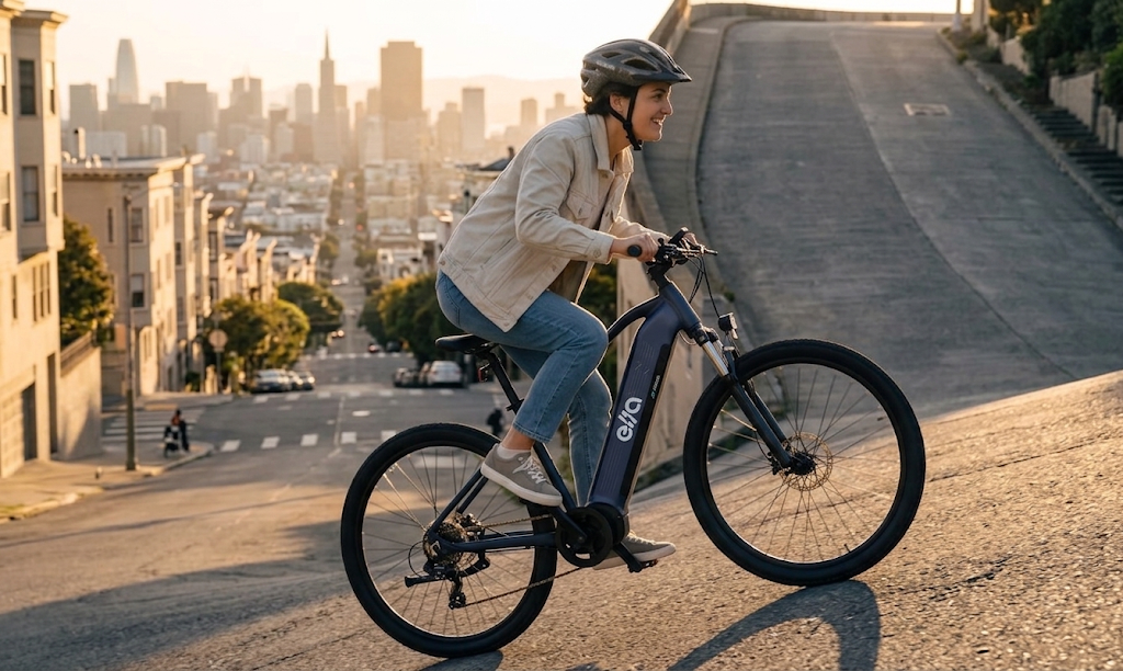 Mulher de capacete e jaqueta bege sorri enquanto sobe uma ladeira íngreme pilotando uma bicicleta elétrica Ella azul, modelo Ella Explorer.