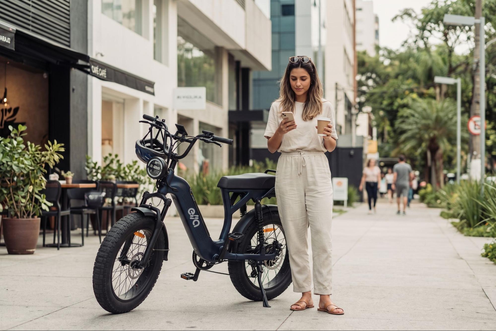 Mulher com celular e café ao lado de sua bicicleta elétrica Ella Ride em frente a uma cafeteria. 
