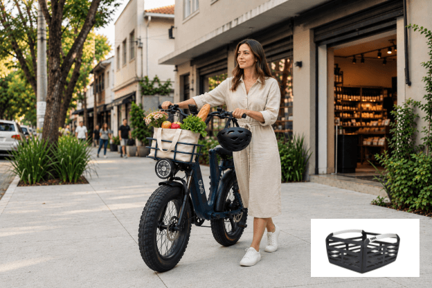 Mulher saindo de mercado urbano empurrando bicicleta elétrica com compras no cesto