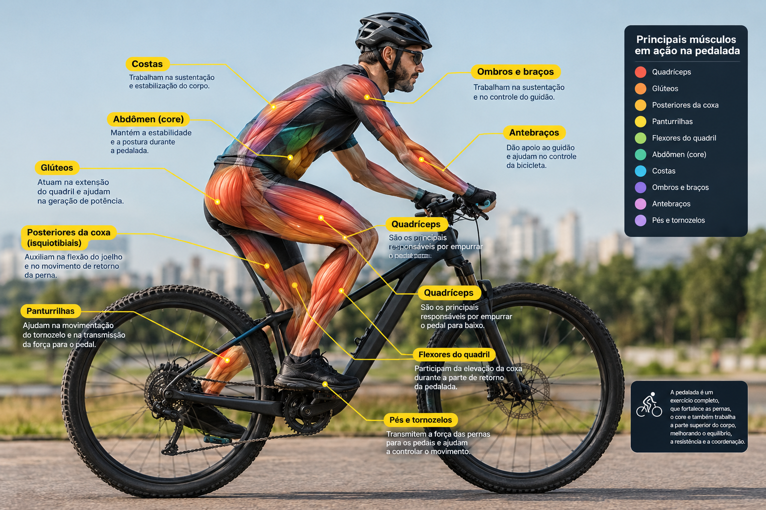 Infográfico trazendo os benefícios de andar de bicicleta para o corpo, com foco em cada músculo trabalhado