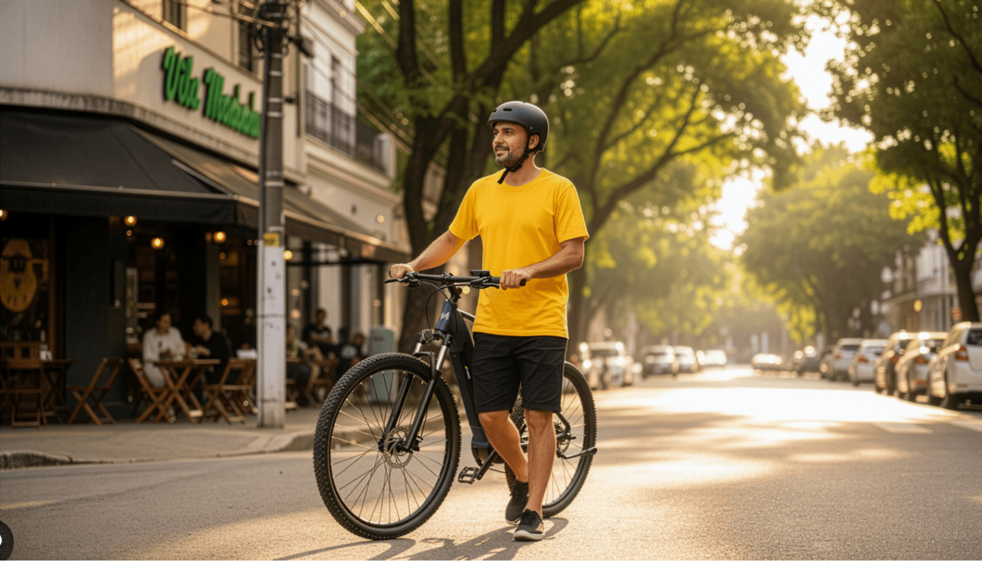Homem se sentindo seguro empurrando bicicleta elétrica em avenida urbana