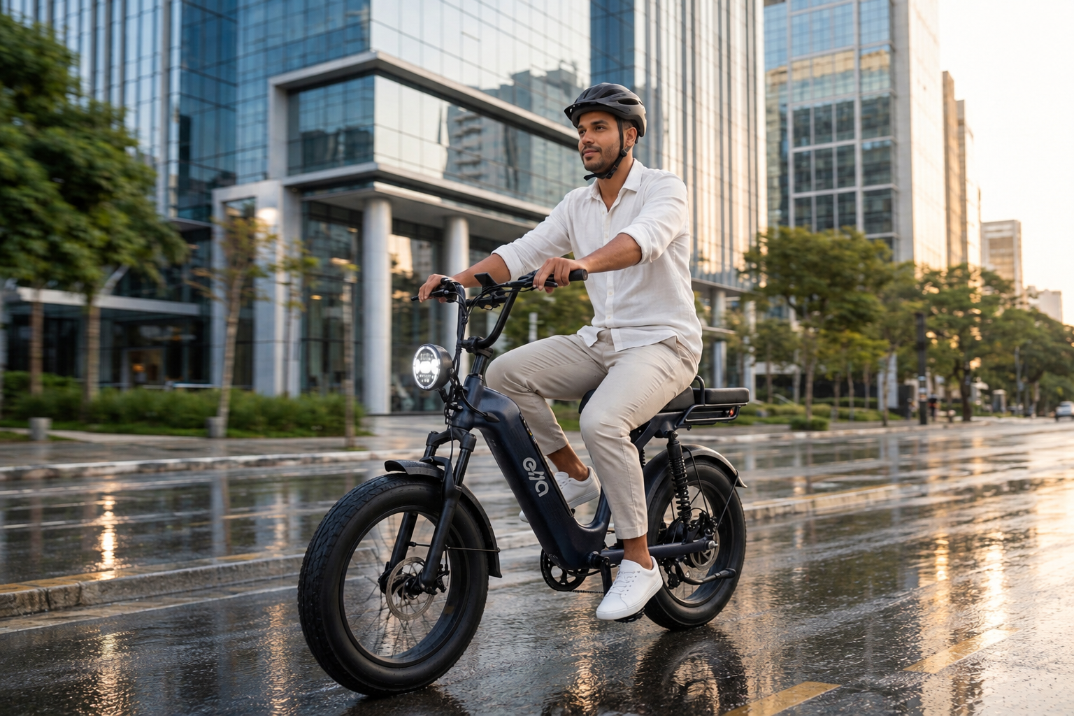 Homem andando com bicicleta elétrica Ride, da Ella em avenida urbana arborizada